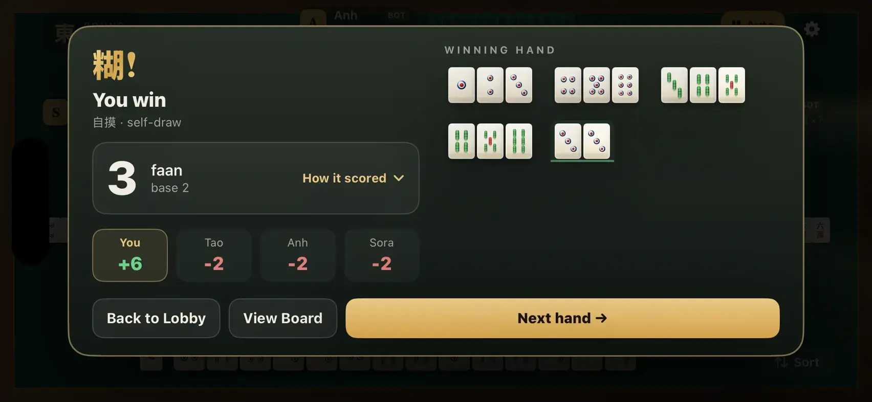 A winning hand scored in Mahjong Versus, showing the faan breakdown and what each player pays.